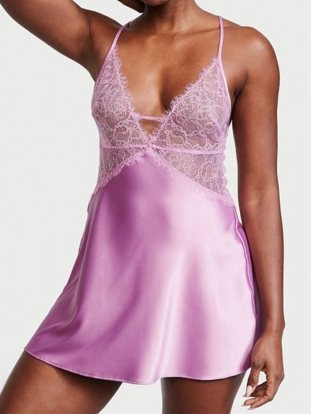 Victoria's Secret Purple Satin Sheer Lace Chemise Nightgown, SIZE L